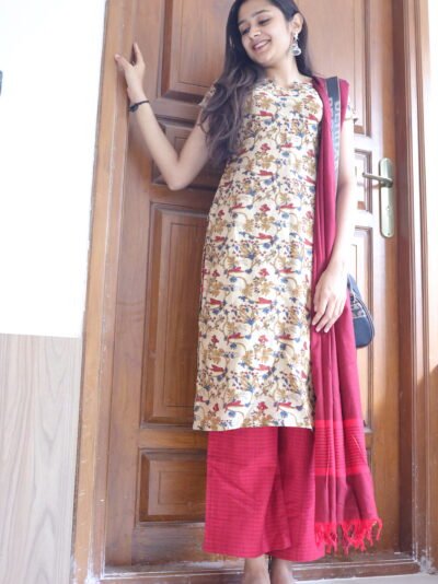 Crimson Ivory Kurti Set – Red Beige Ethnic Outfit