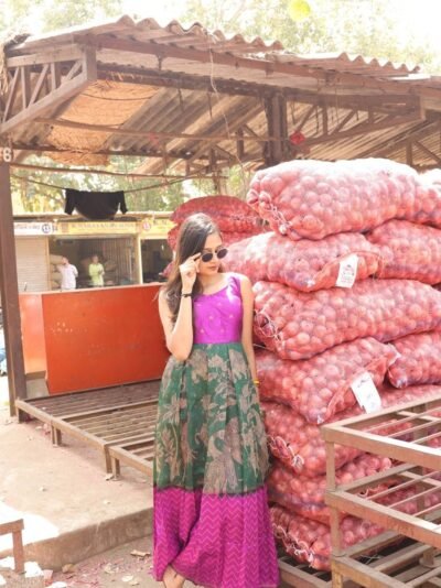 Traditional Fuchsia Green Maxi Dress – Festive Wear
