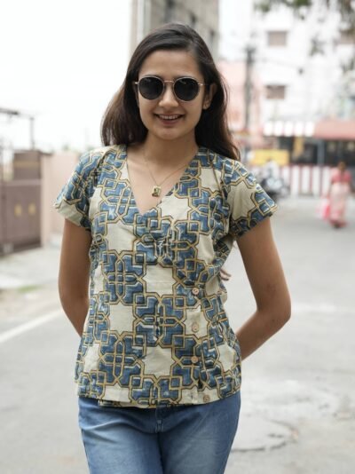 Blue Geometric Print Tunic Top with Beige Base