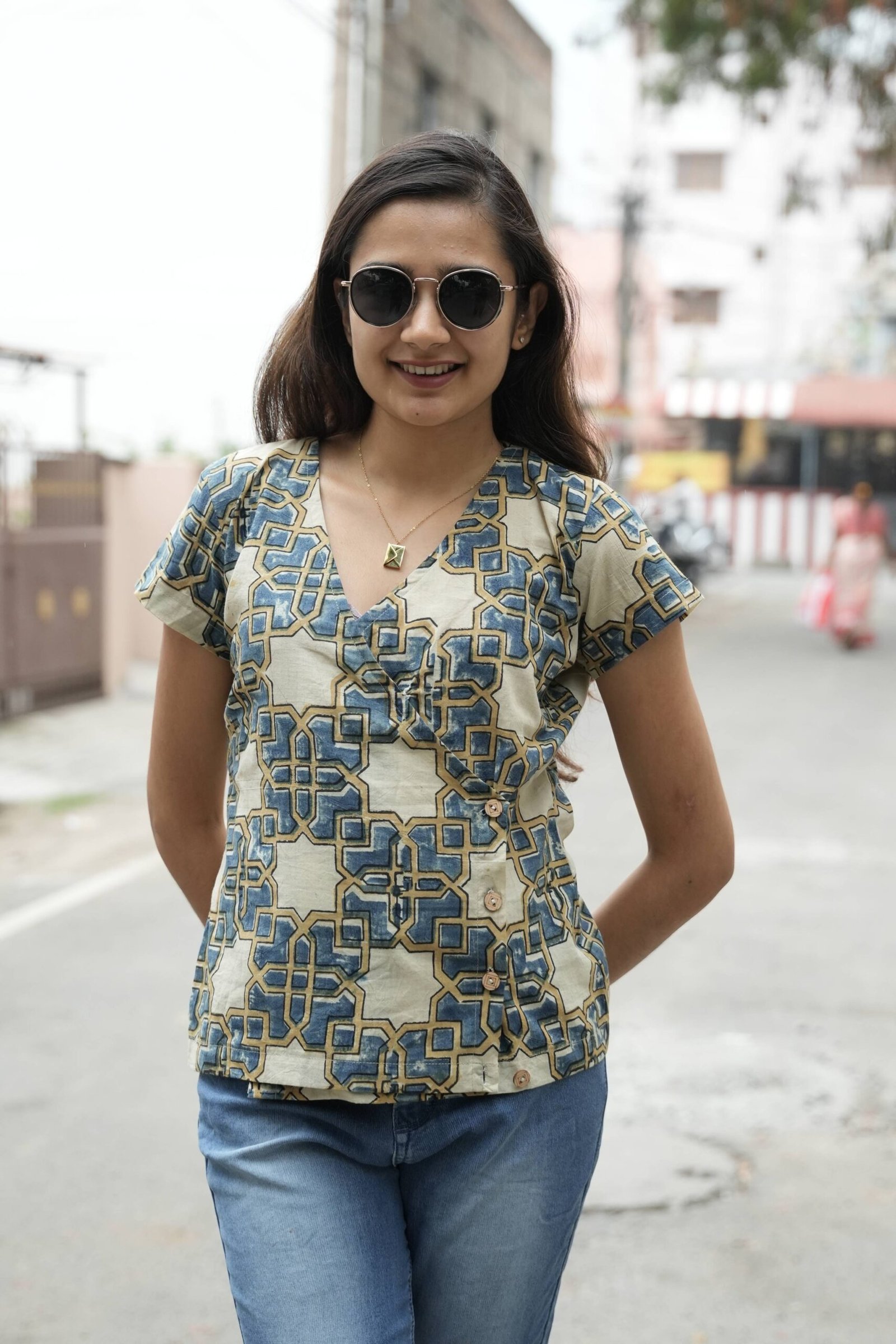 Blue Geometric Print Tunic Top with Beige Base