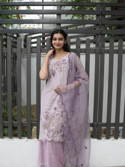 Lavender Embroidered Kurti Set with Sheer Dupatta