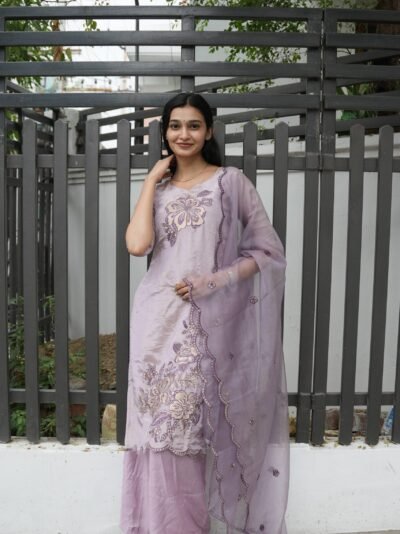 Lavender Embroidered Kurti Set with Sheer Dupatta