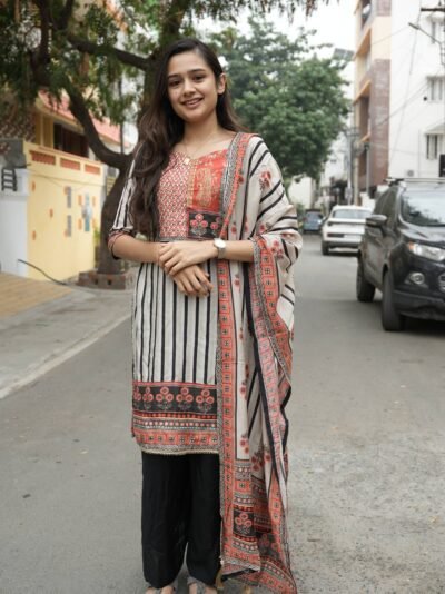 Grey & Coral Printed Kurti Set with Dupatta