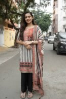 Grey & Coral Printed Kurti Set with Dupatta