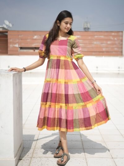Colorful Handloom Checked Tiered Maxi Dress