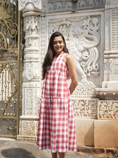 Checked Tiered Fit & Flare Maxi Dress with Round Neck