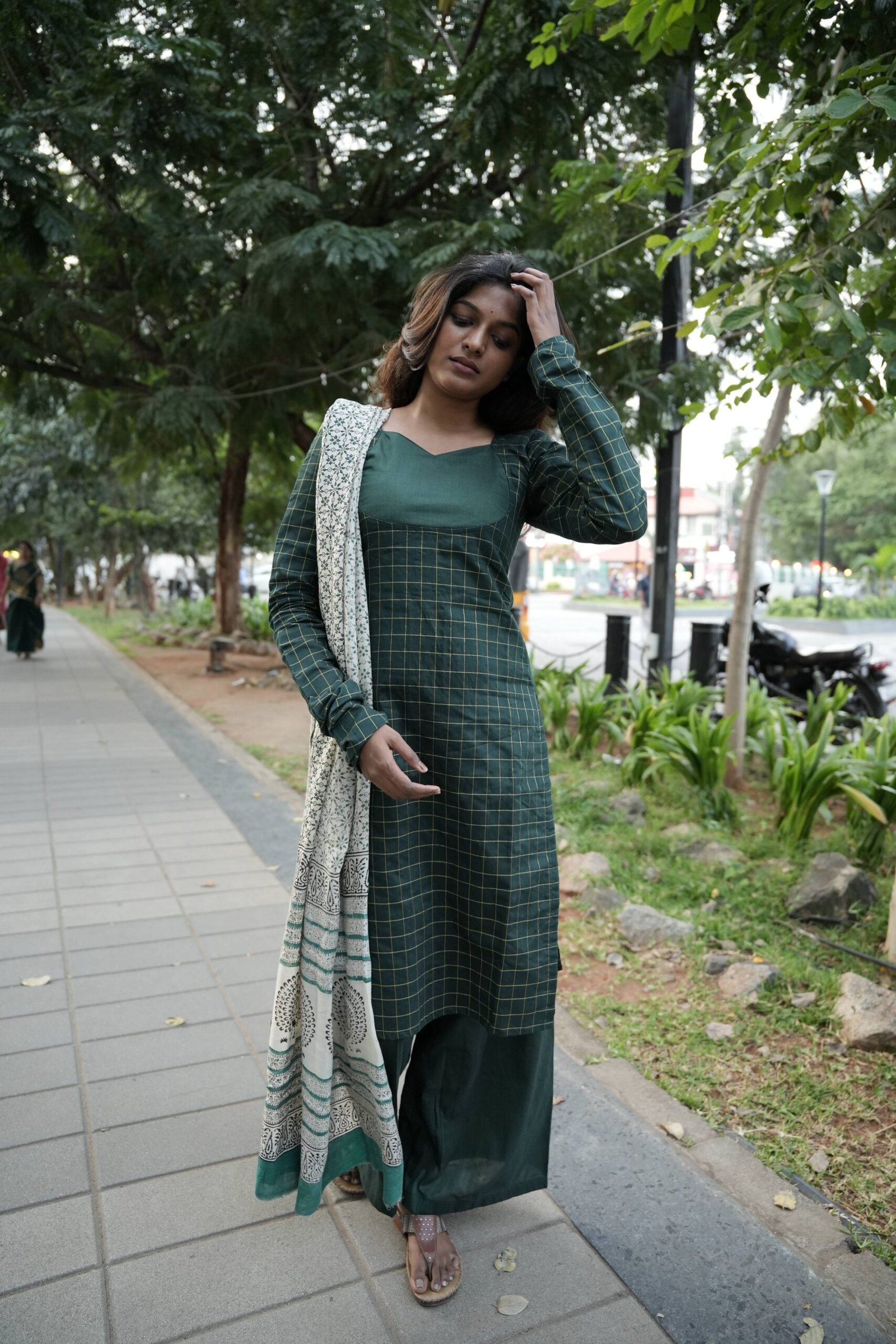 Emerald Checked Grace Kurti Set with Printed Dupatta