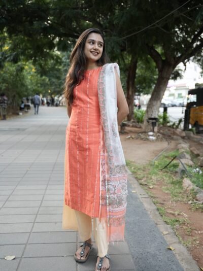 Coral Stripe Kurti Set with Printed Dupatta