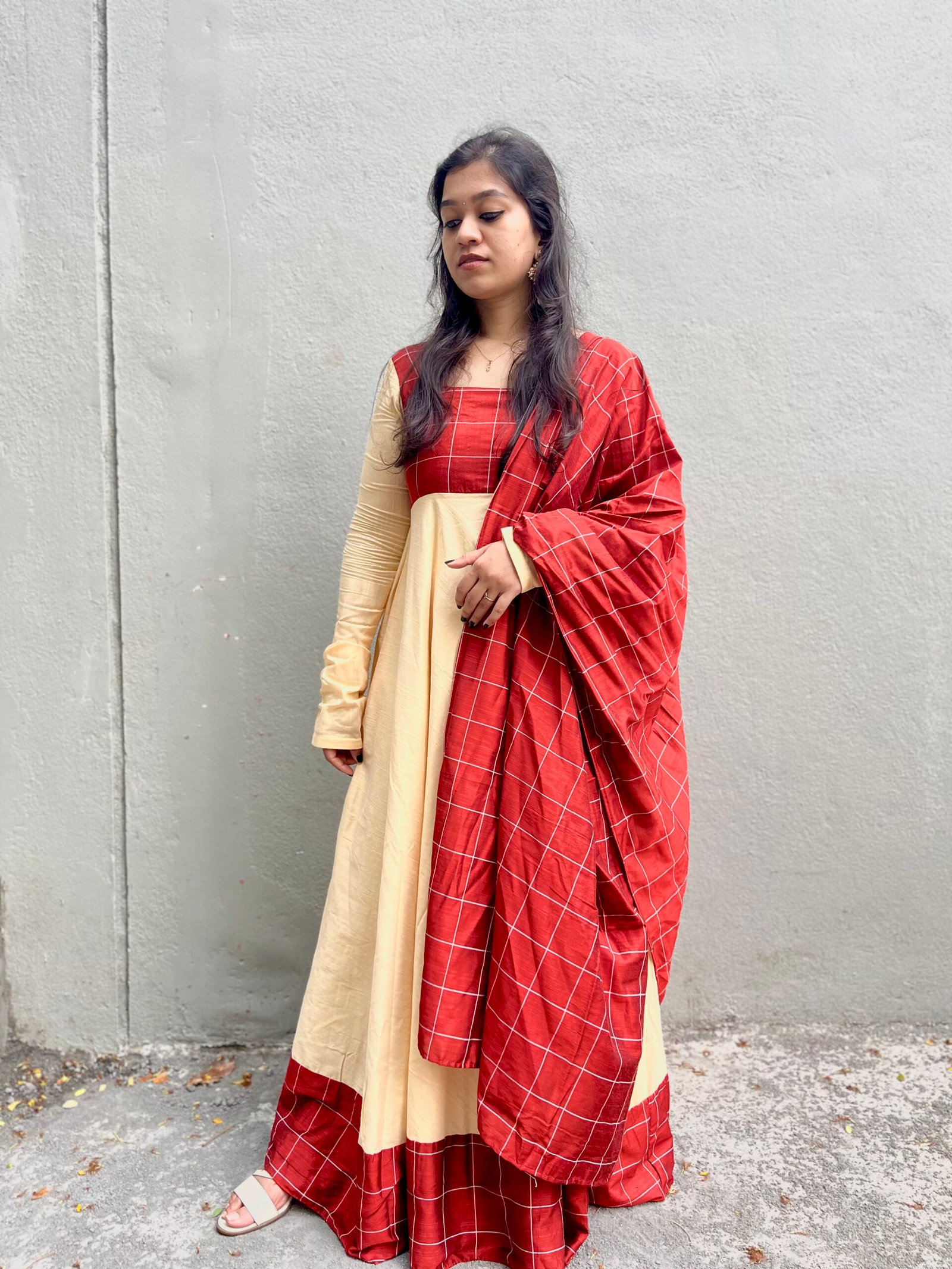 Red checks anarkali set with dupatta